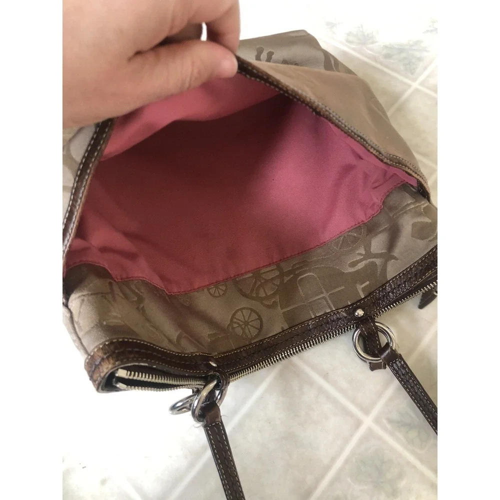 COACH SIGNATURE khaki LEATHER BAG Carriage Horse‎ Satin Tapestry Double Handle